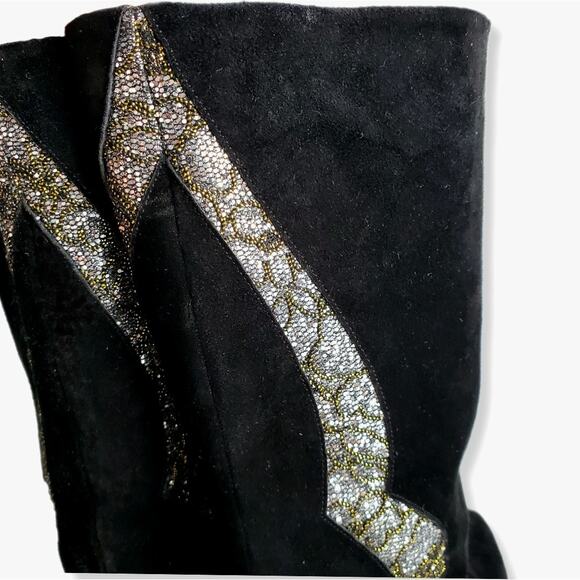 VTG 80s Polly Bergen Black Glitter Suede Boot 8 Heels Italy Glam Slouch Cocktail - Picture 5 of 12